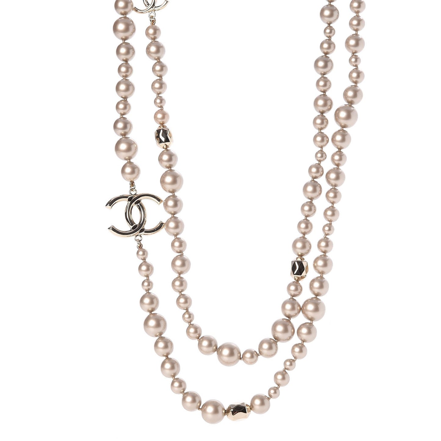 Resin Pearl CC Long Necklace in Golden Pearly Beige