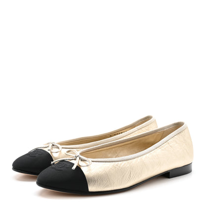 Chanel Metallic Laminated Lambskin Grosgrain CC Cap Toe Ballerina Flats 39 Light Gold Black 4 of 9