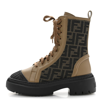 Fendi Fabric Jacquard Vitello FF Domino 50mm Biker Boots 38 Tobacco Black Sand 1 of 9