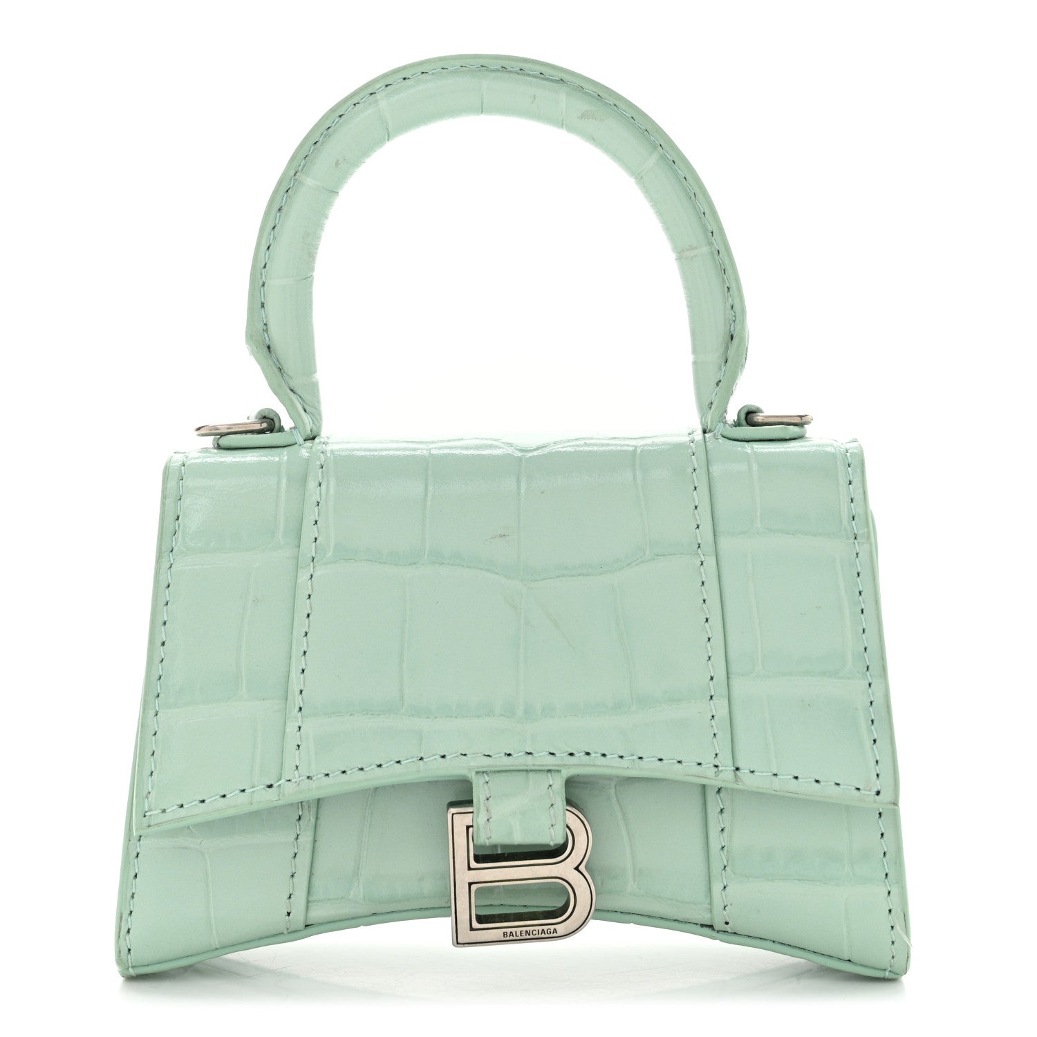 Balenciaga Shiny Calfskin Crocodile Embossed Hourglass Top Handle Bag Mini with Chain Green Acqua 1 of 11