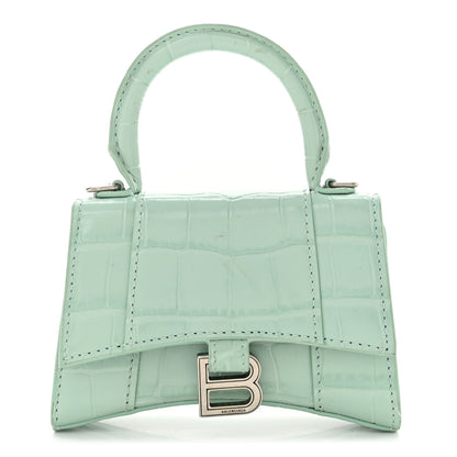 Balenciaga Shiny Calfskin Crocodile Embossed Hourglass Top Handle Bag Mini with Chain Green Acqua 1 of 11