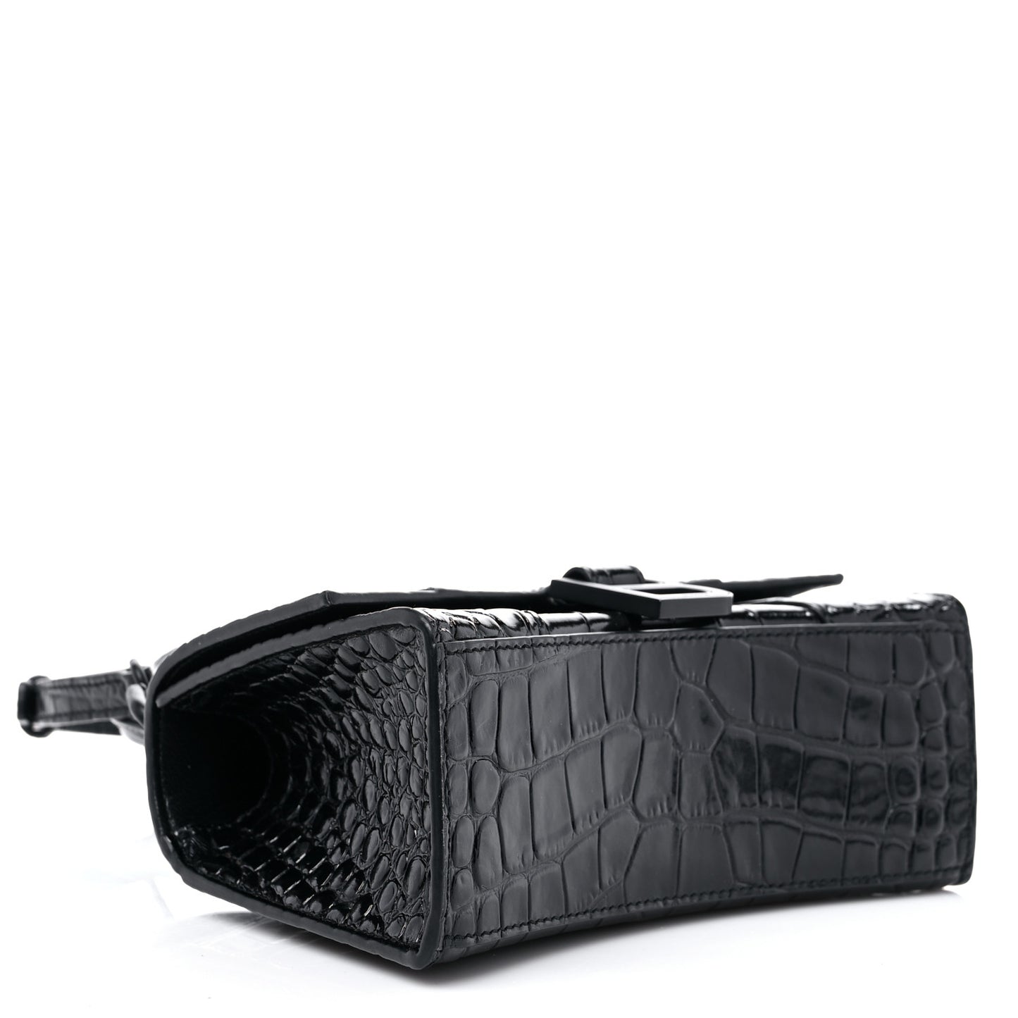 Shiny Calfskin Monochrome Crocodile Embossed Hourglass Top Handle Bag XS Black