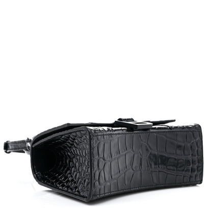 Balenciaga Shiny Calfskin Monochrome Crocodile Embossed Hourglass Top Handle Bag XS Black 3 of 11