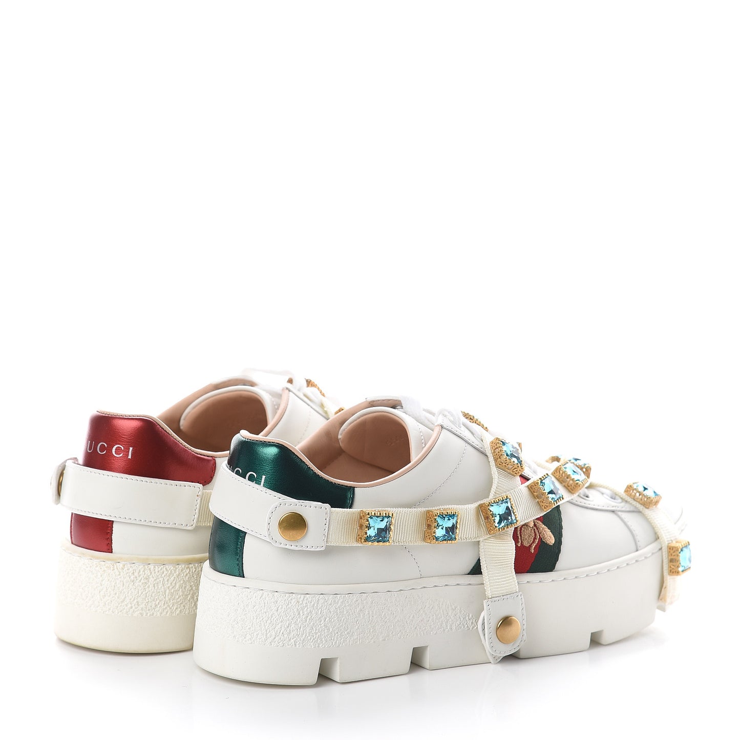 Calfskin Removable Crystals Bee Embroidered Womens Ace Platform Sneakers 37.5 White