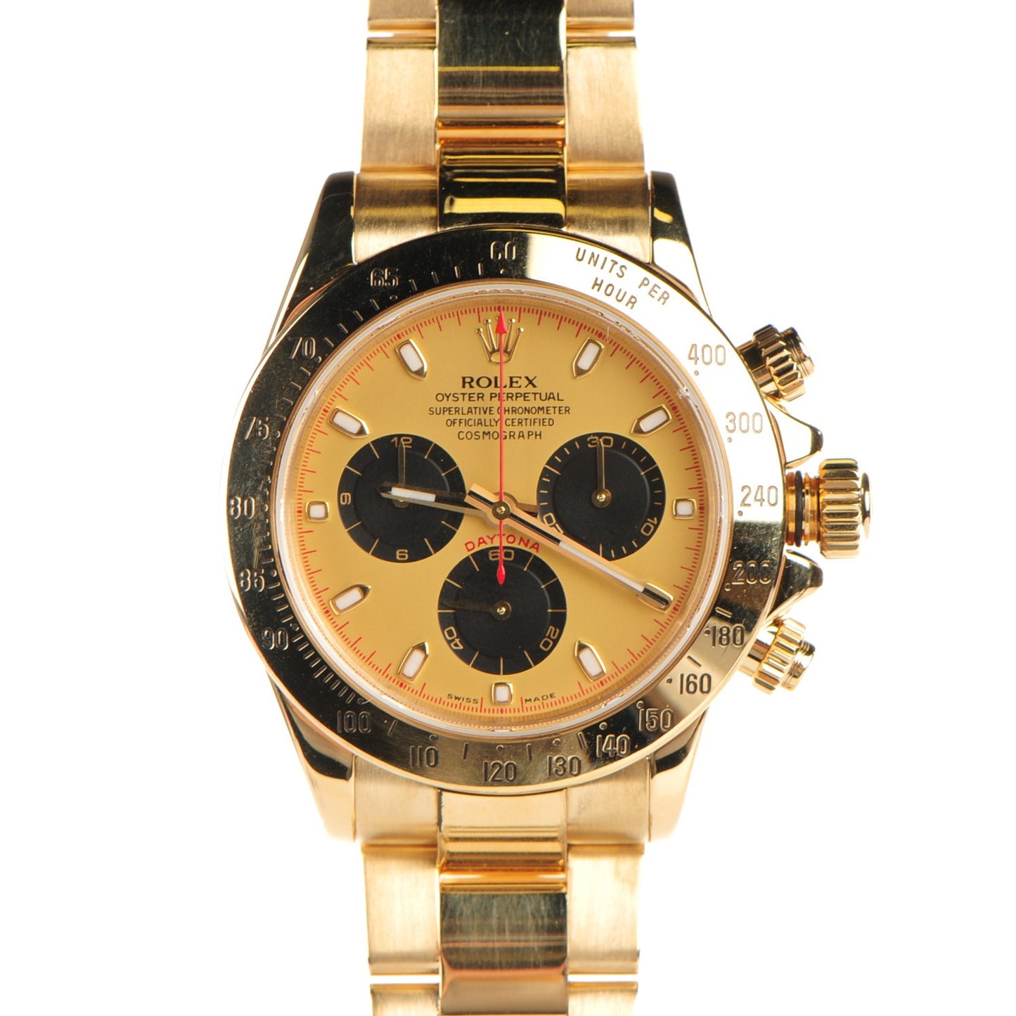 18K Yellow Gold 40mm Oyster Perpetual Cosmograph Daytona Watch Champagne Black 116528