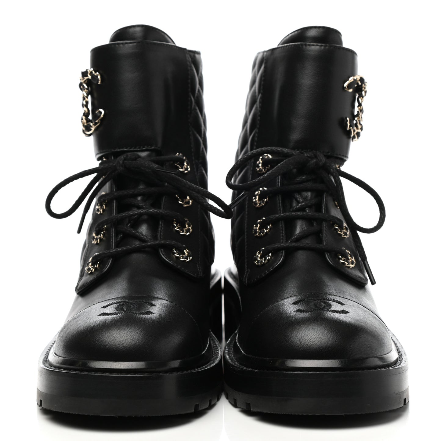 Shiny Lambskin Quilted Lace Up Combat Boots 39.5 Black