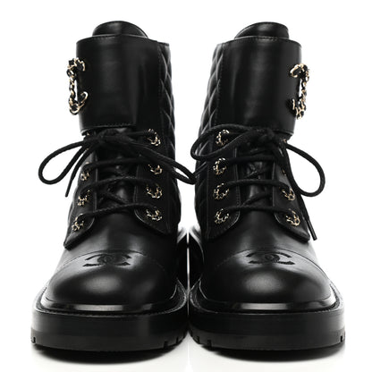 Chanel Shiny Lambskin Quilted Lace Up Combat Boots 39.5 Black 2 of 7