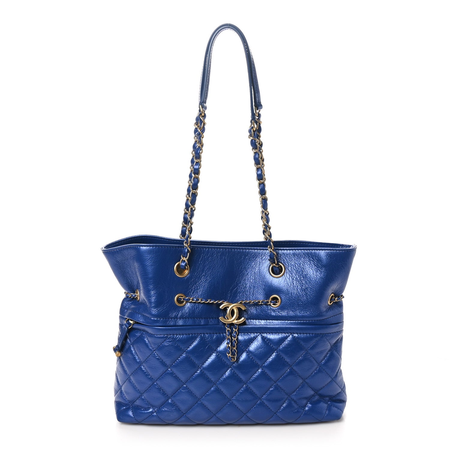 Chanel Metallic Aged Calfskin Quilted Drawstring Shopping Tote Blue 1 of 10
