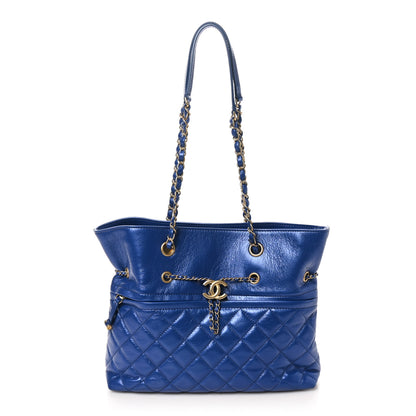 Chanel Metallic Aged Calfskin Quilted Drawstring Shopping Tote Blue 1 of 10