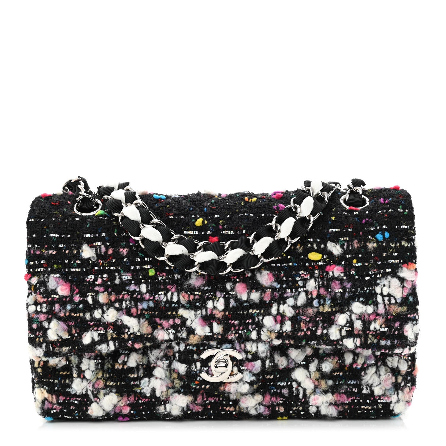 Chanel Tweed Quilted Medium Double Flap Black White Yellow Pink 1 of 10