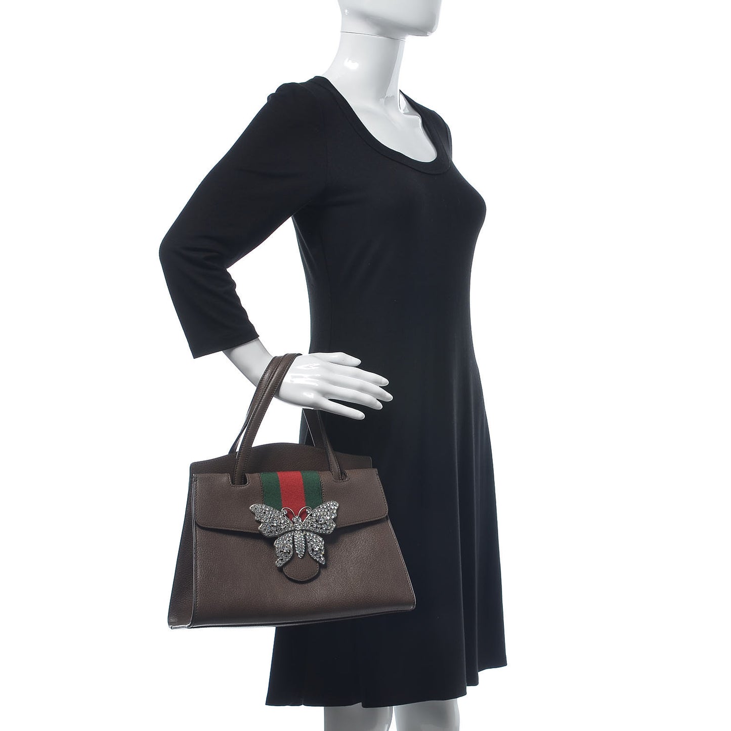 Textured Calfskin Web Crystal Butterfly Stripe Medium Totem Top Handle Bag New Acero