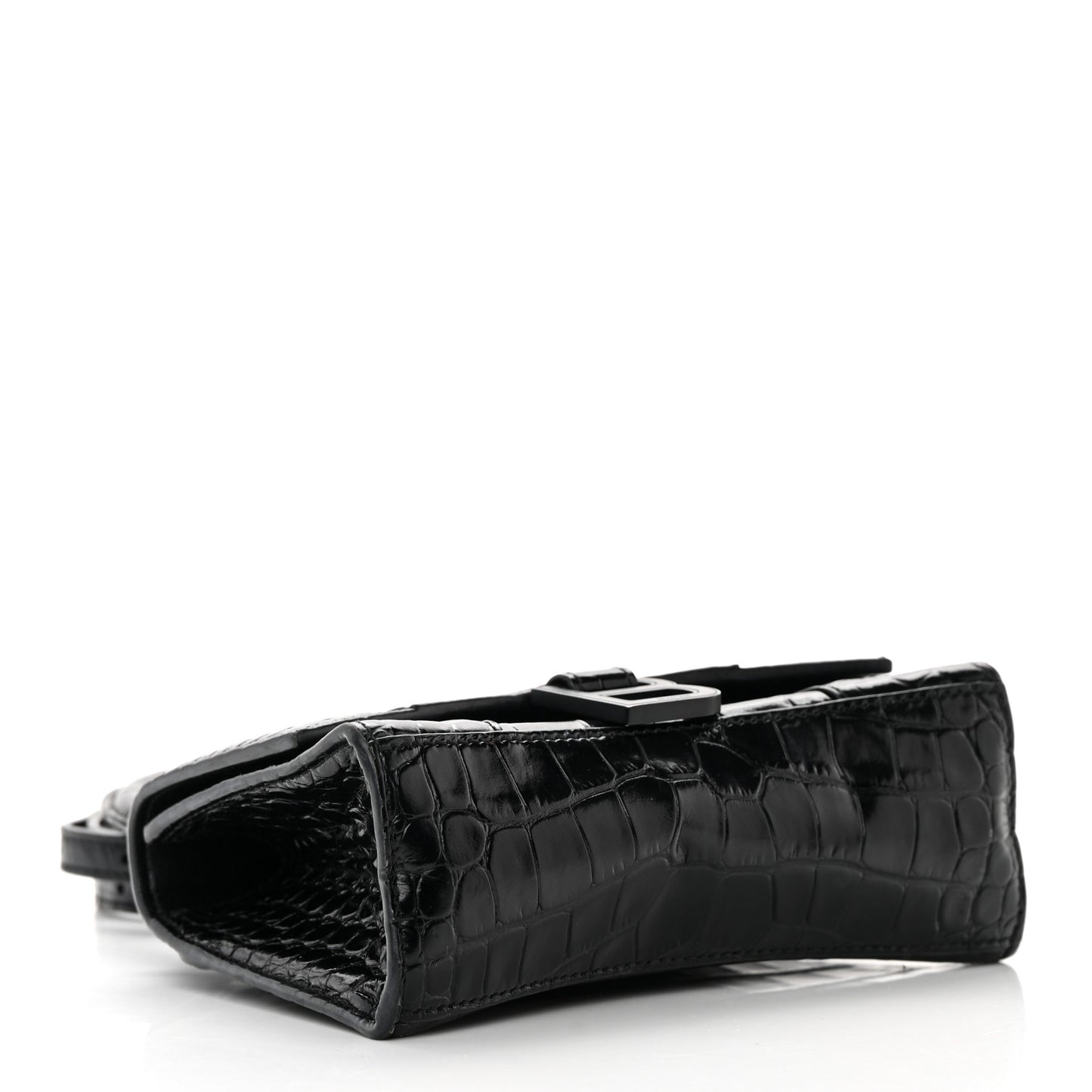Shiny Calfskin Monochrome Crocodile Embossed Hourglass Top Handle Bag XS Black