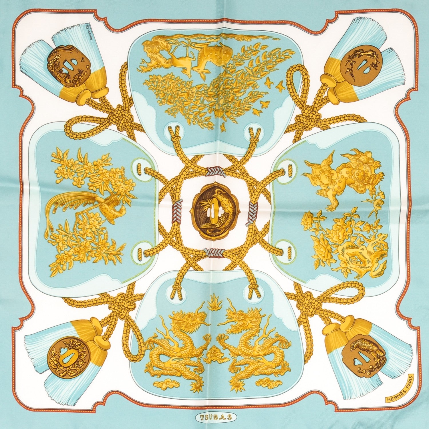 Hermes Silk Twill Tsubas Pocket Square Scarf 1 of 9
