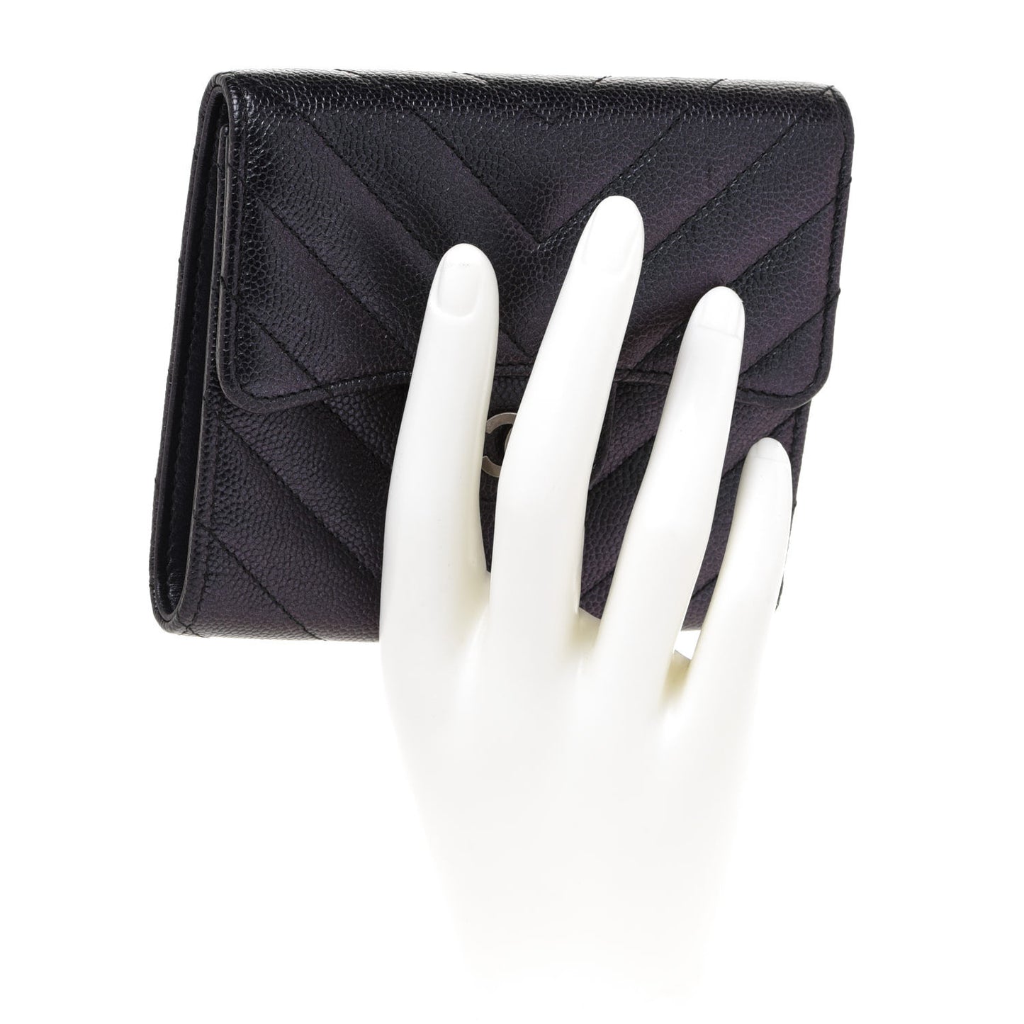 Iridescent Caviar Chevron Quilted Compact Flap Wallet Black