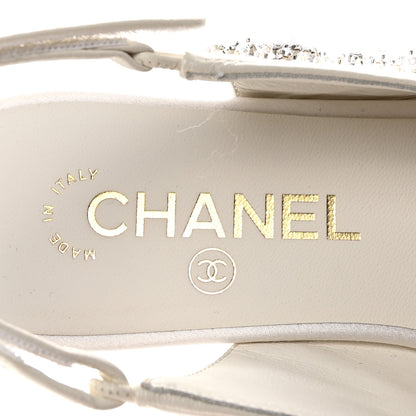 Chanel Satin Crystal Lambskin Grosgrain Bow CC Slingback Flats 38.5 White Black 8 of 10