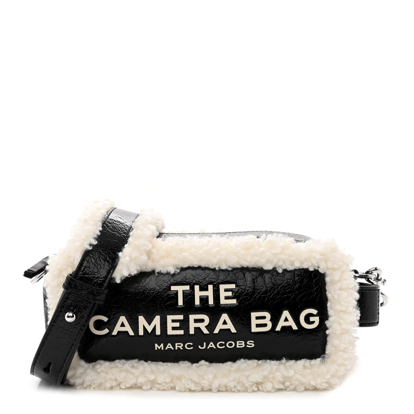 Shiny Calfskin Faux Shearling The Camera Bag Black