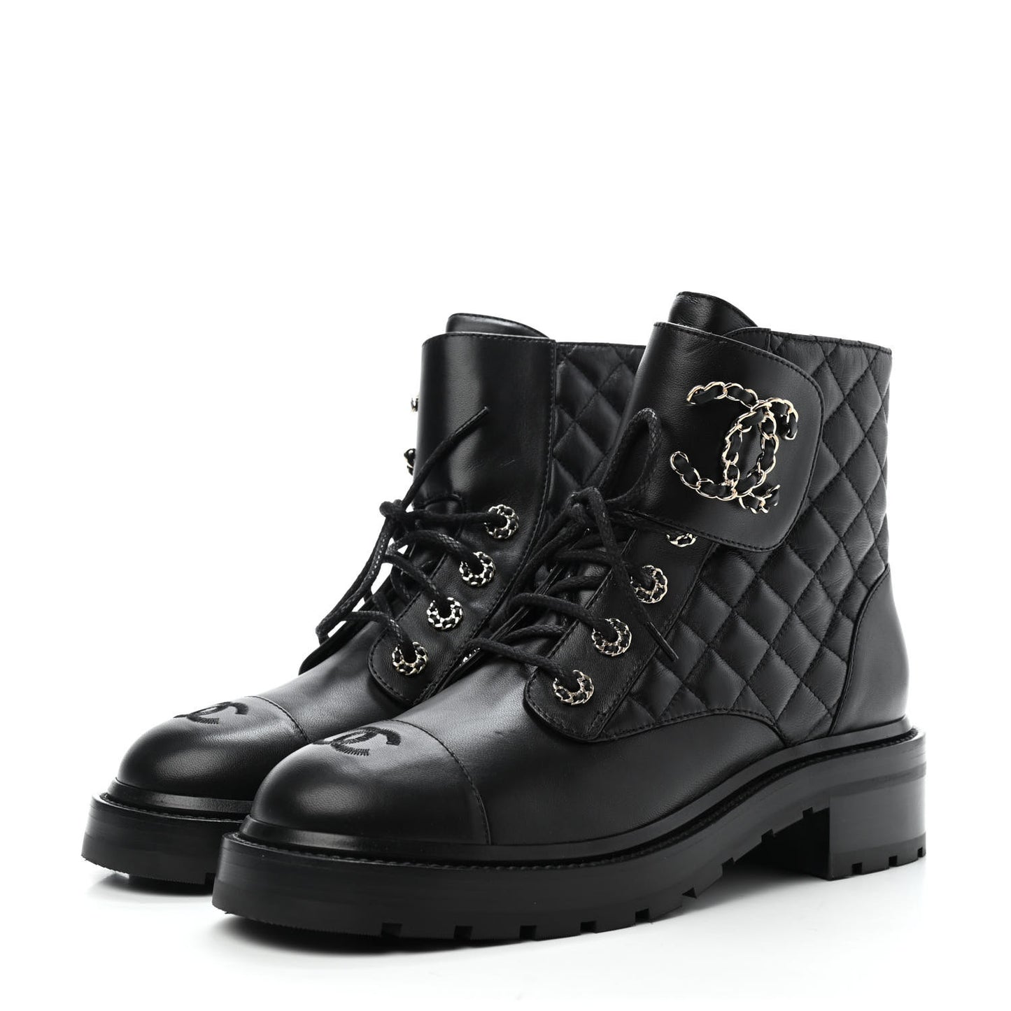 Shiny Lambskin Quilted Lace Up Combat Boots 39 Black