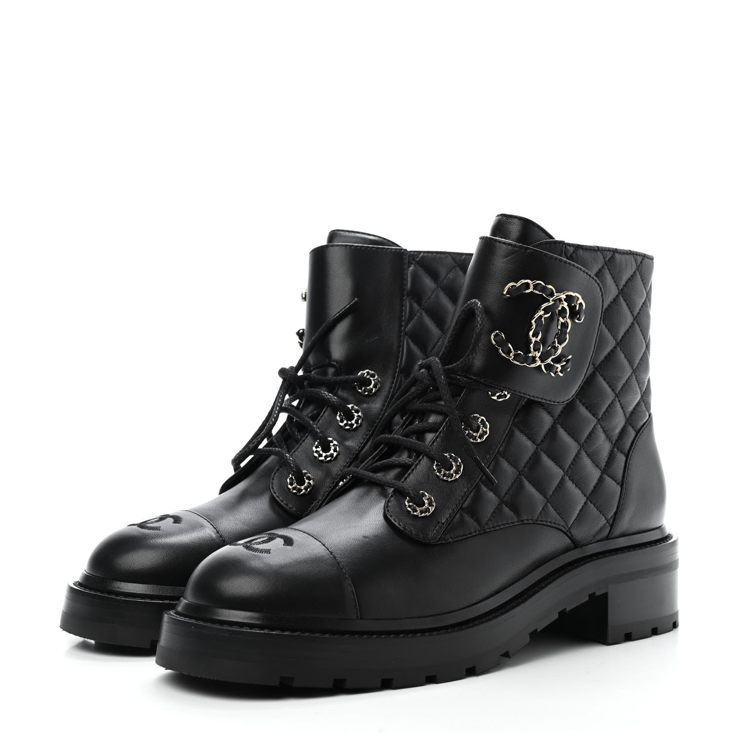 Chanel Shiny Lambskin Quilted Lace Up Combat Boots 39 Black 3 of 4