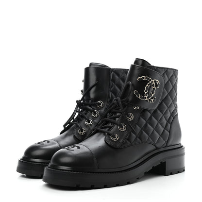 Chanel Shiny Lambskin Quilted Lace Up Combat Boots 39 Black 3 of 4