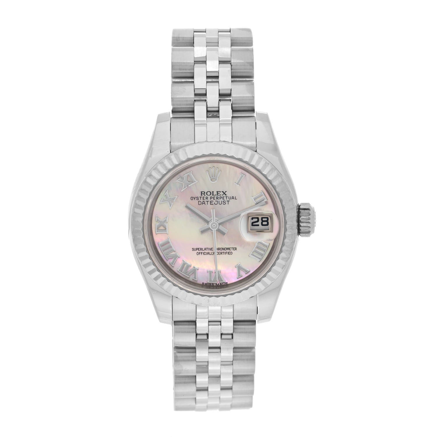Rolex Stainless Steel 18K White Gold Black Mother of Pearl 26mm Oyster Perpetual Datejust Watch Roman 179174 1 of 5