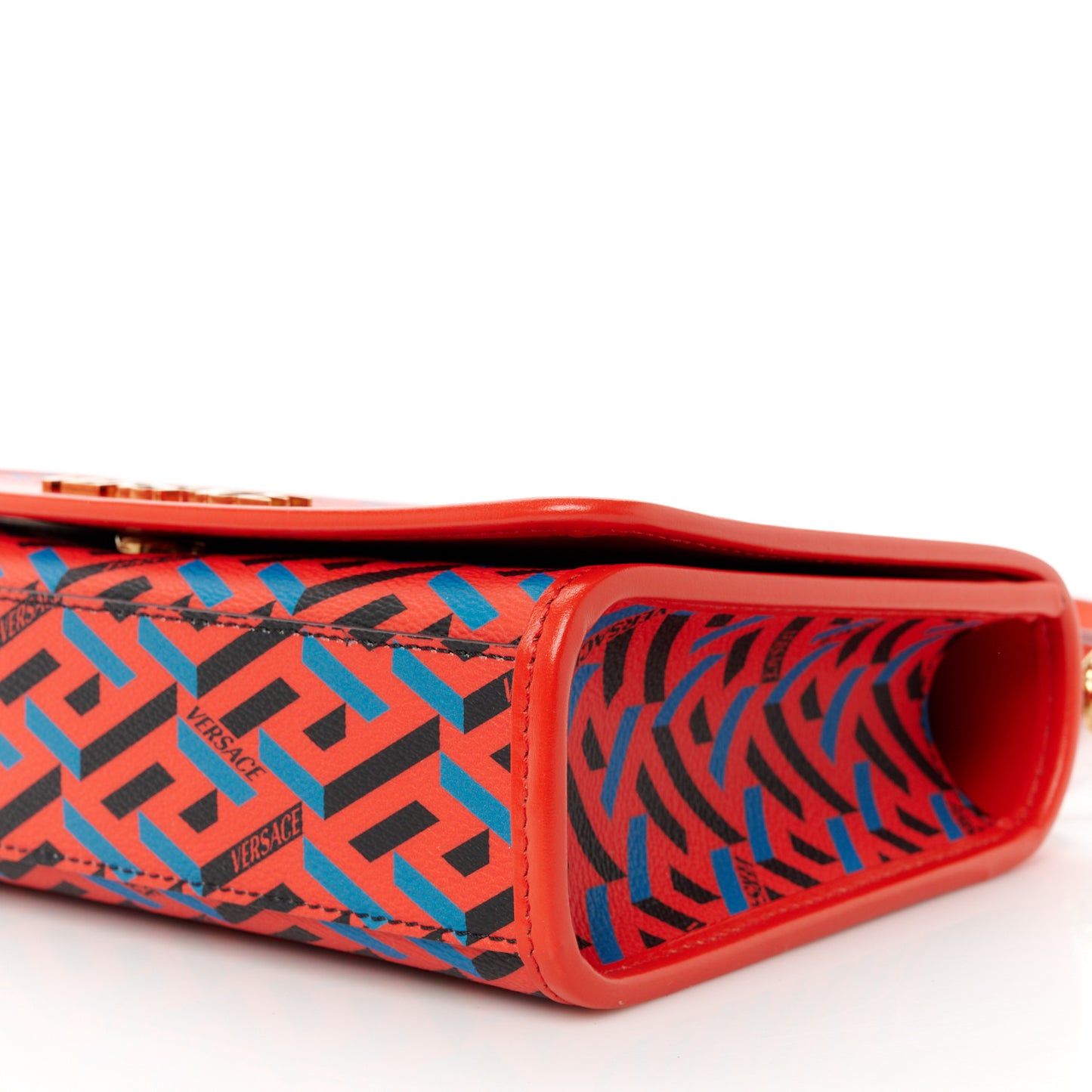 Coated Canvas La Greca Signature Top Handle Bag Blue Red