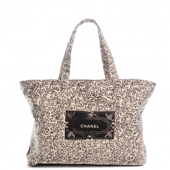 Chanel Canvas Printed Tote Bag Beige Black 1 of 8