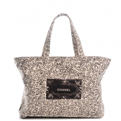 Chanel Canvas Printed Tote Bag Beige Black 1 of 8