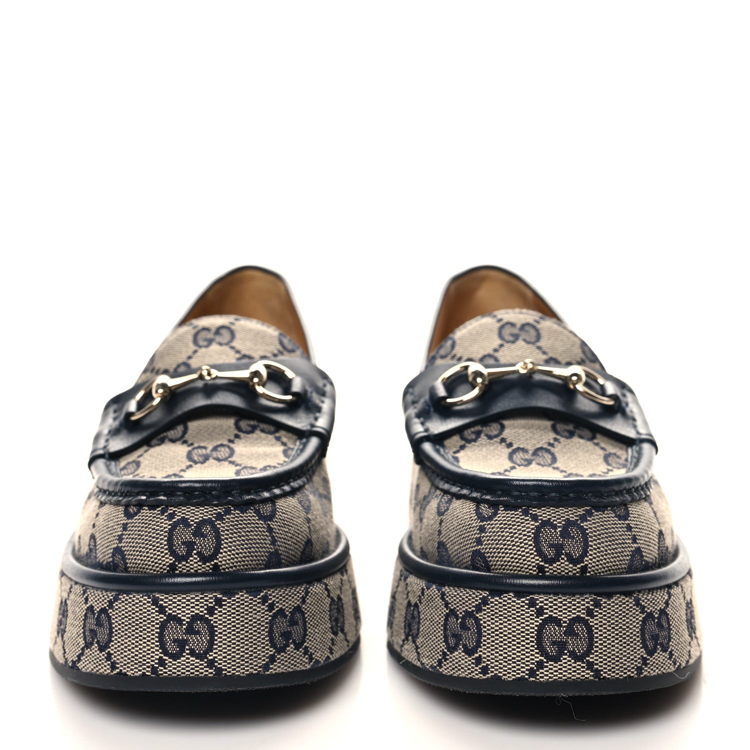 Gucci Monogram Horsebit Calfskin Womens Horsebit Wedge Platform Loafers 38.5 Beige Blue 2 of 9