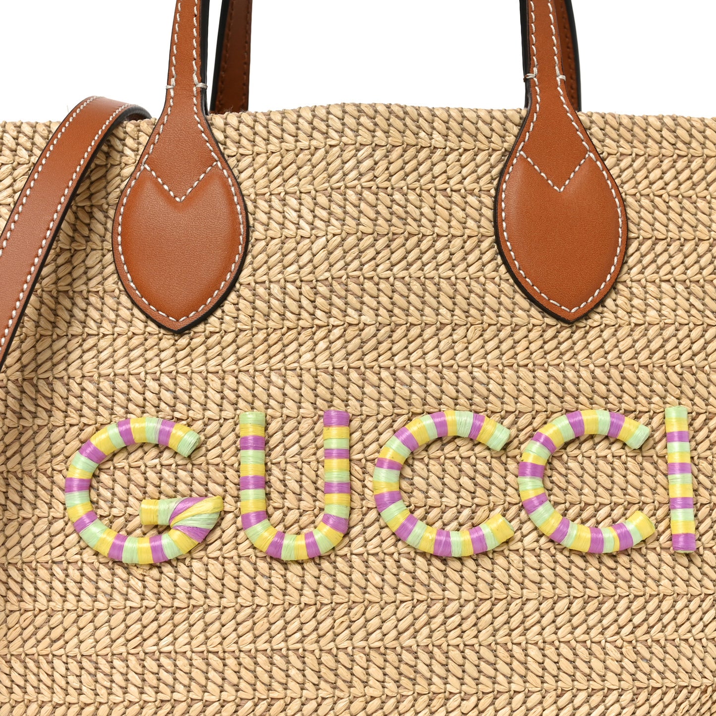 Raffia Woven Logo Patch Medium Tote Bag Natural Brown Multicolor