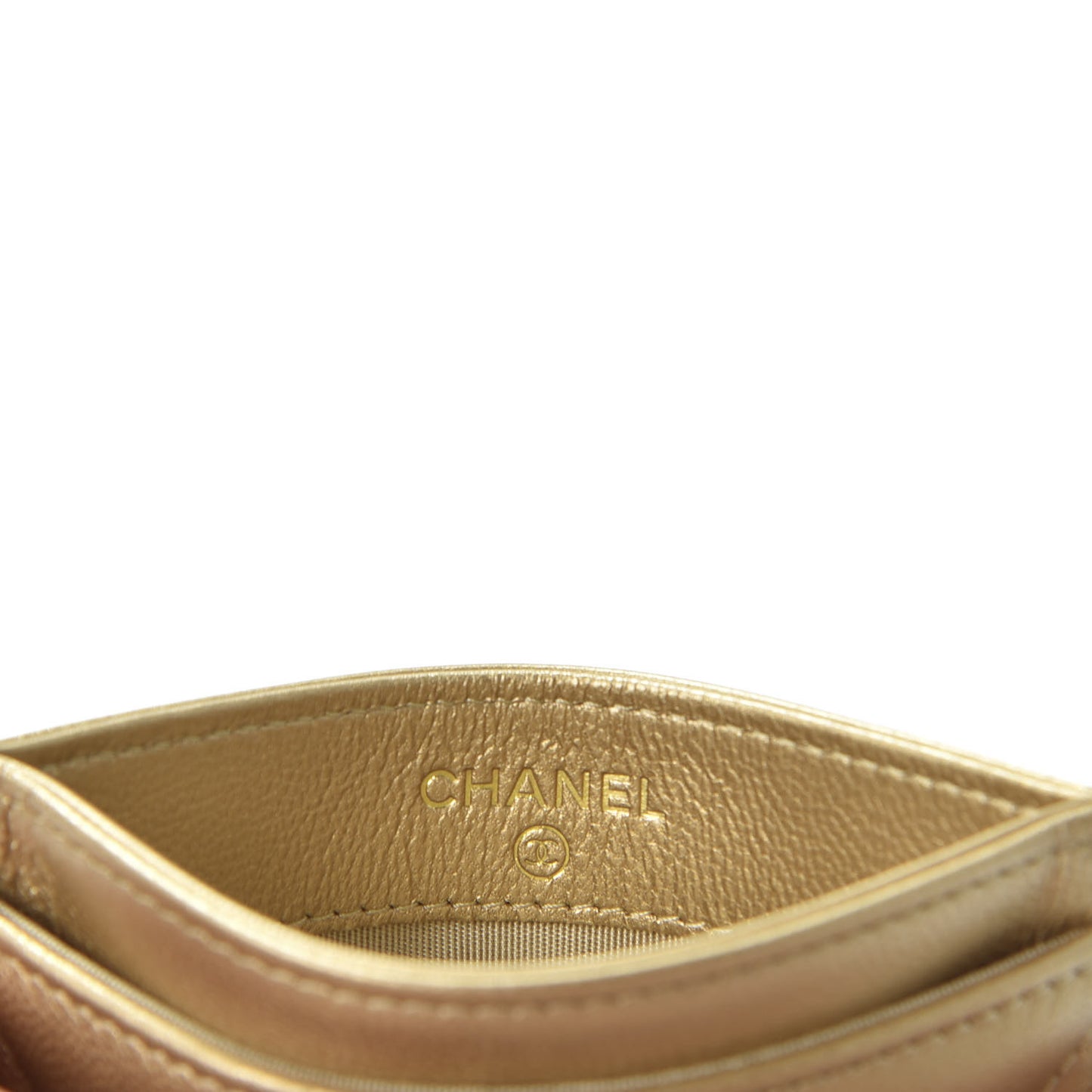 Metallic Goatskin Quilted Chanel 19 Card Holder Gold