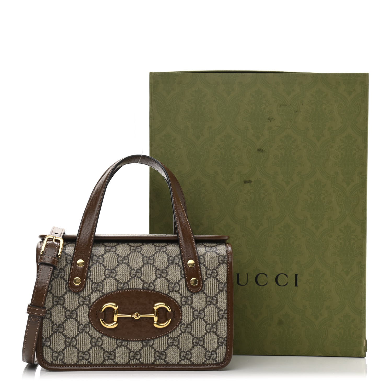 Gucci GG Supreme Monogram Azalea Calfskin Mini Horsebit 1955 Foldover Top Handle Bag Beige Ebony Brown Sugar 13 of 13