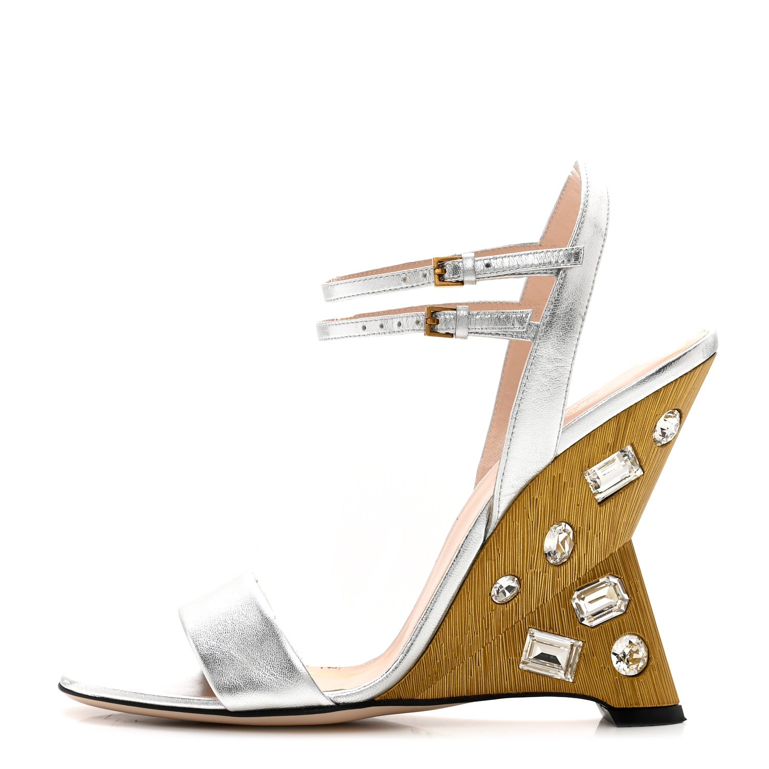 Gucci Nappa Silk Swarovski Crystal Wedge Engel Sandals 39.5 Argento 1 of 11