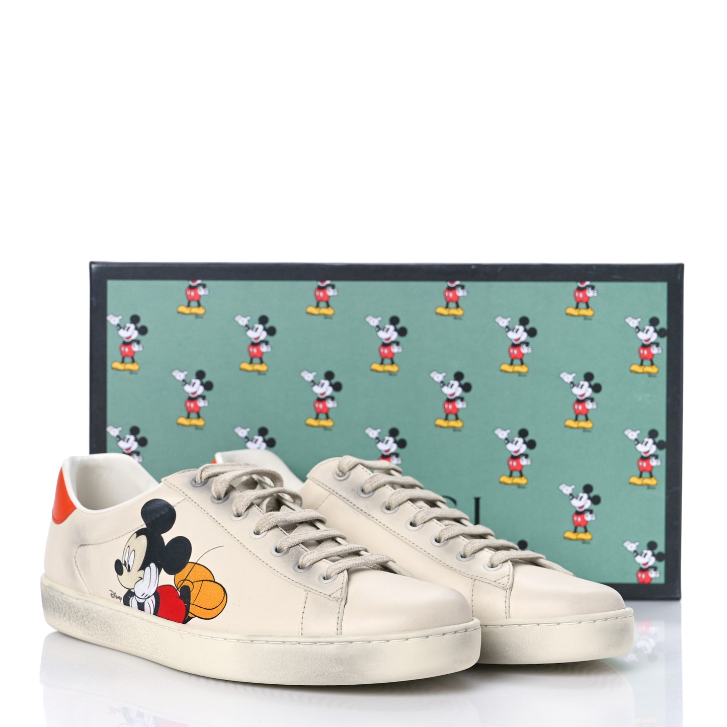 X DISNEY Miro Soft Calfskin Mickey Mouse Print Mens Ace Sneakers 8.5 Ivory Deep Orange