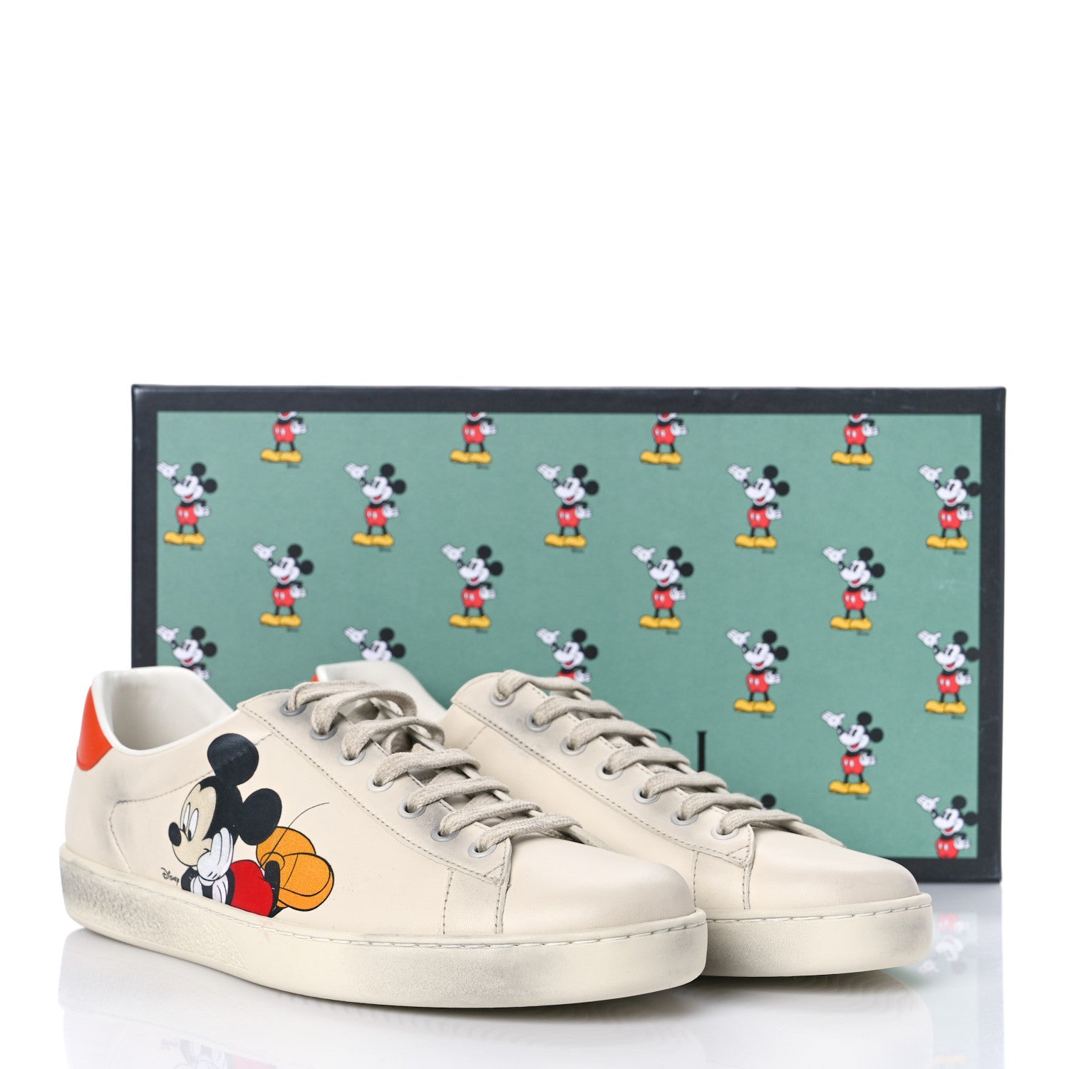 Gucci X DISNEY Miro Soft Calfskin Mickey Mouse Print Mens Ace Sneakers 8.5 Ivory Deep Orange 13 of 13