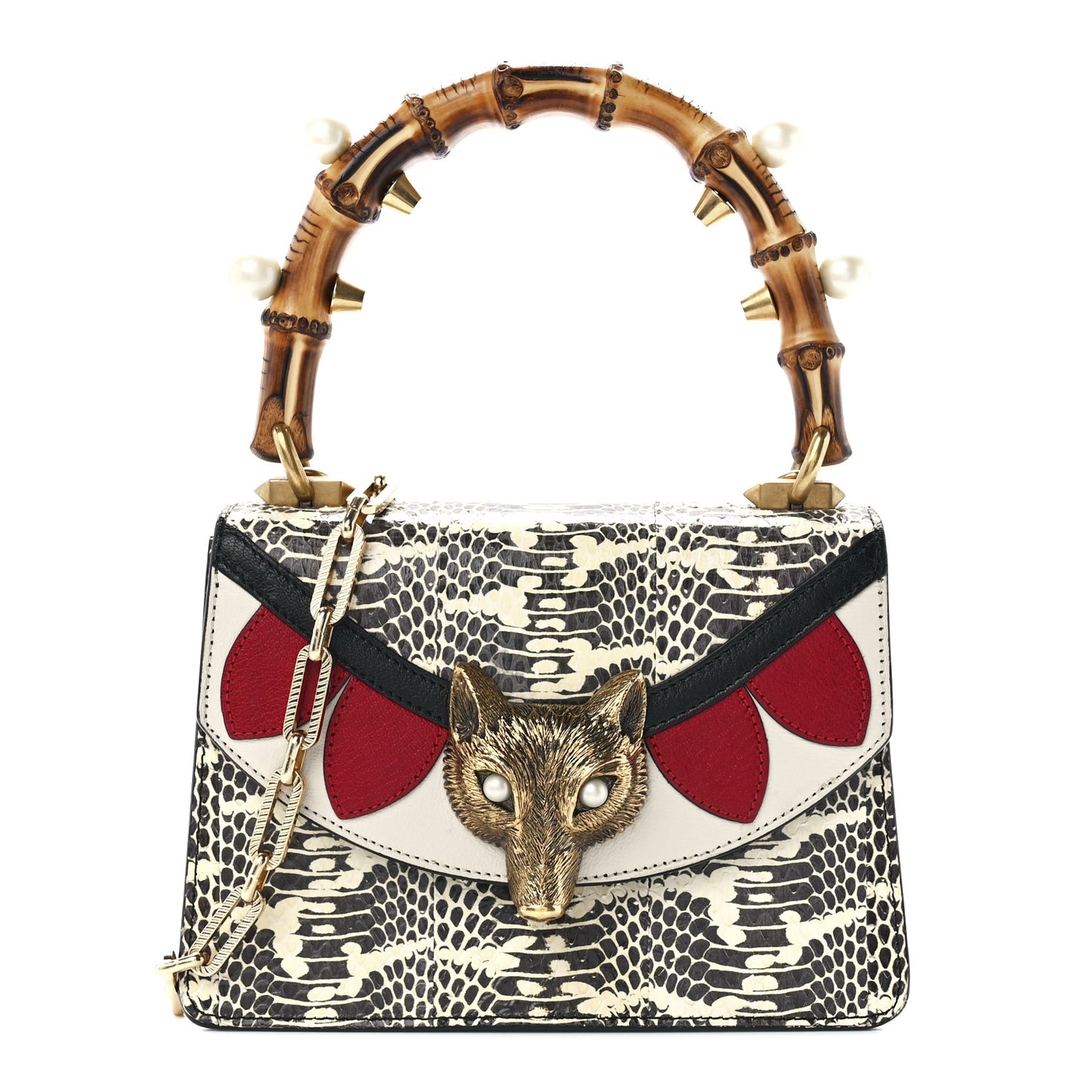Snakeskin Pearl Mini Fox Broche Bamboo Top Handle Bag Roccia Hibiscus Red Mystic White