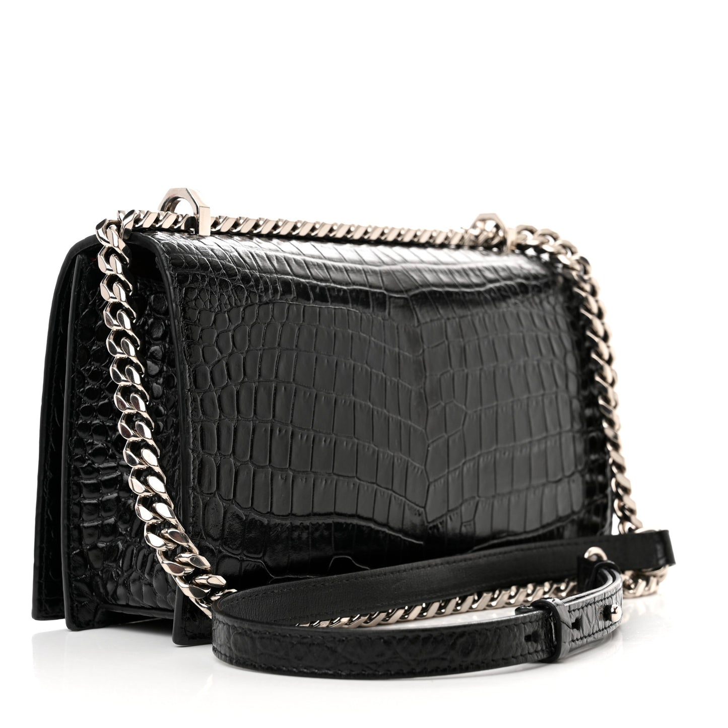 Shiny Calfskin Crocodile Embossed Knuckle Jeweled Crossbody Black