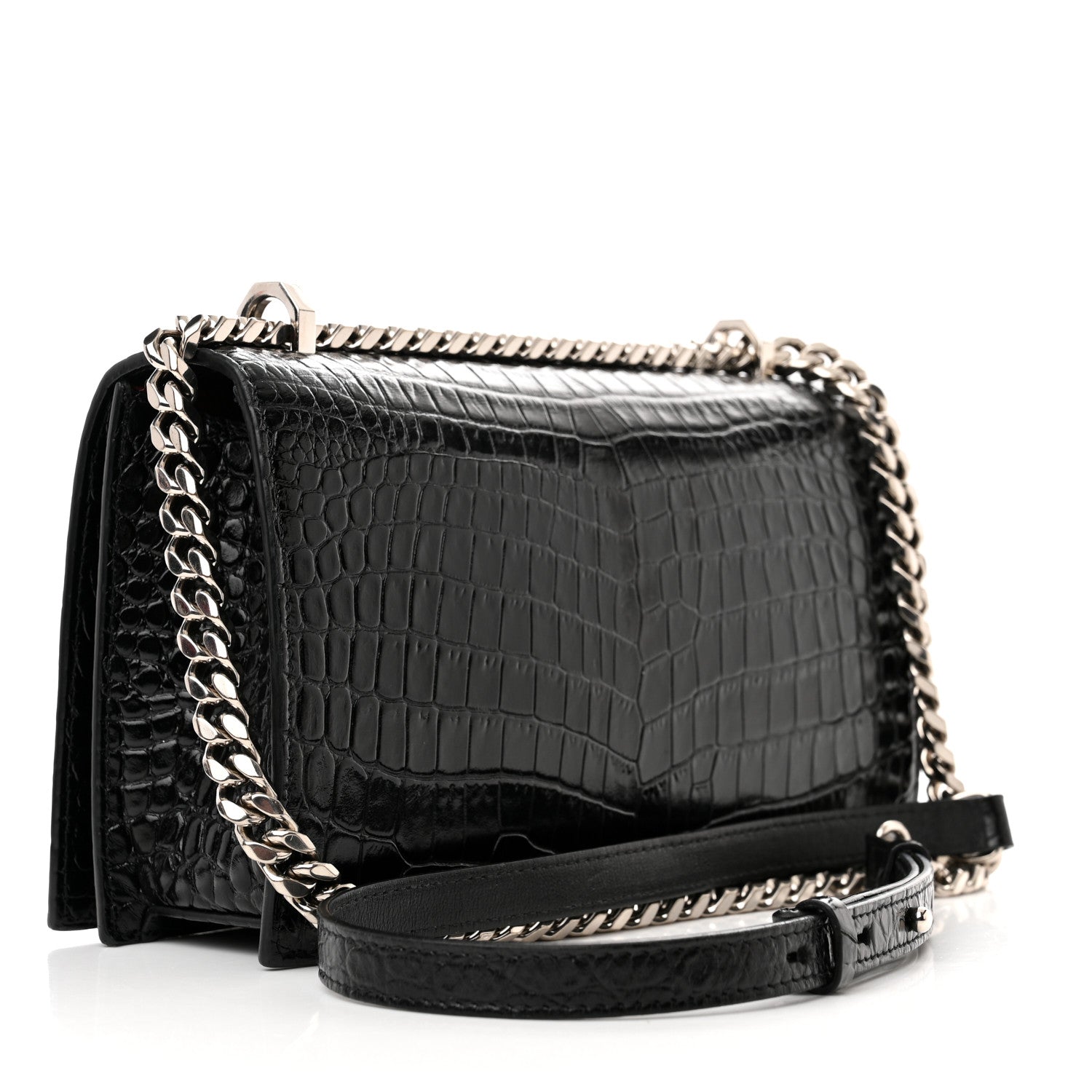 Alexander McQueen Shiny Calfskin Crocodile Embossed Knuckle Jeweled Crossbody Black 3 of 10