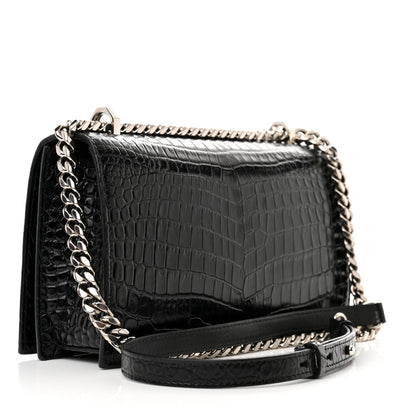 Alexander McQueen Shiny Calfskin Crocodile Embossed Knuckle Jeweled Crossbody Black 3 of 10
