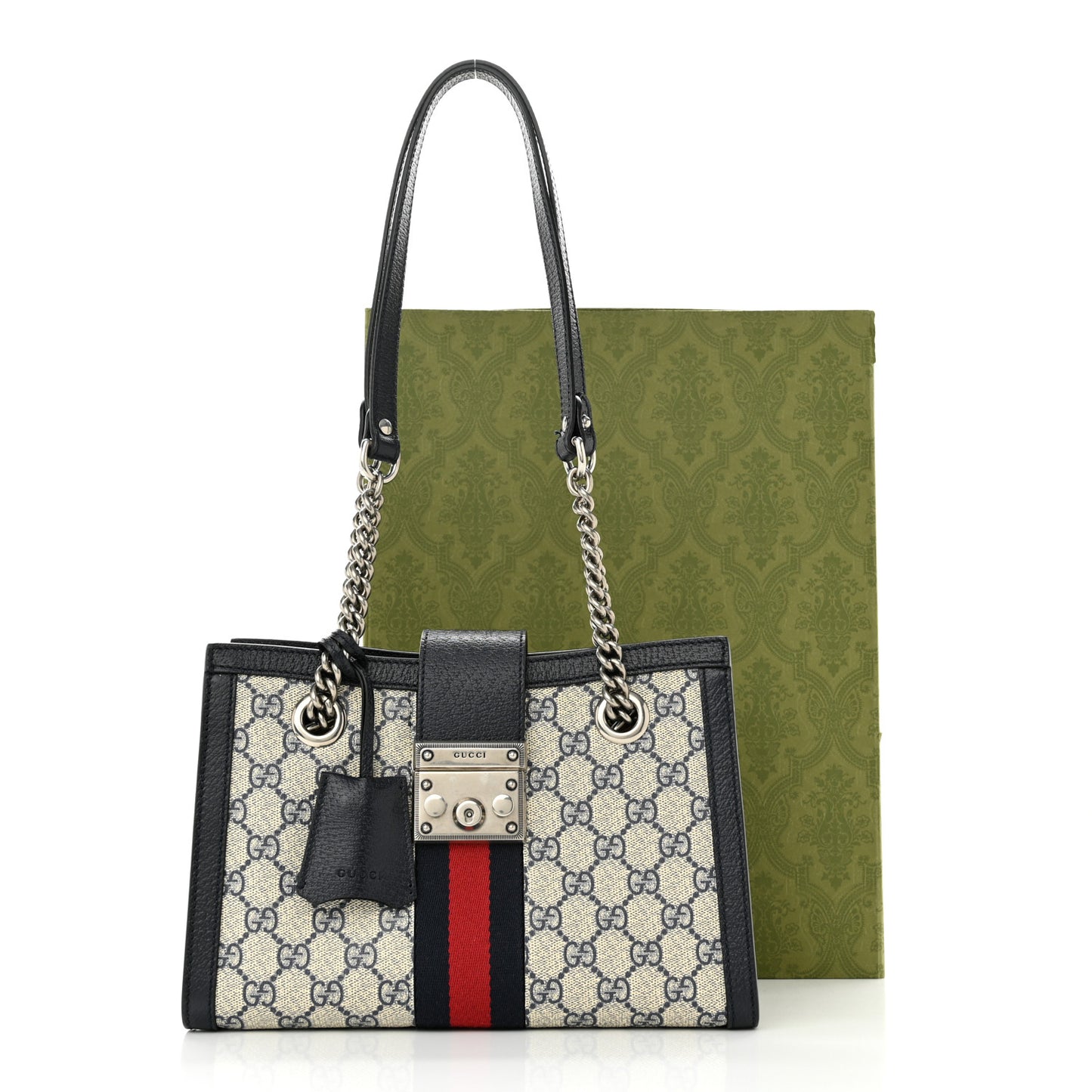 GG Supreme Monogram Textured Dollar Calfskin Web Small Padlock Tote Bag Beige Blue