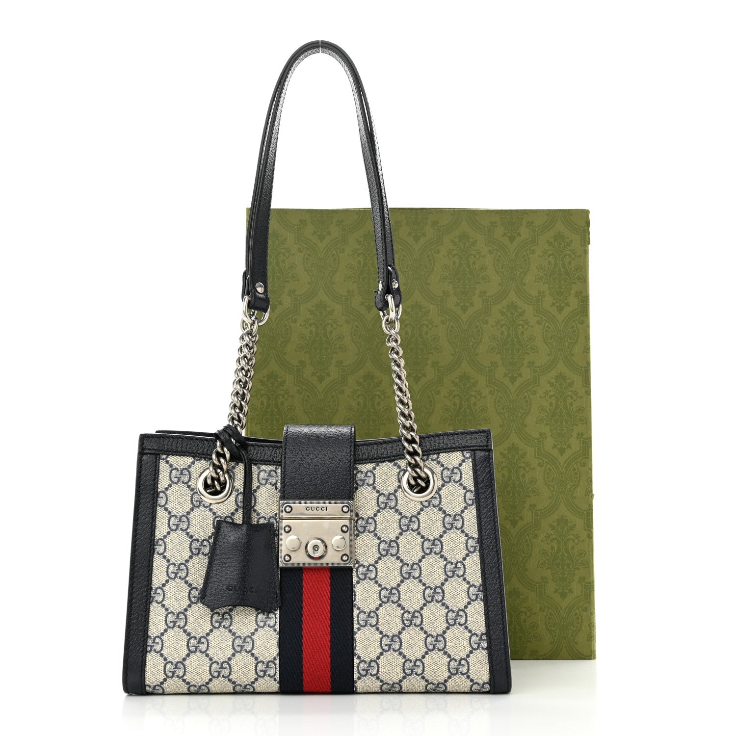 Gucci GG Supreme Monogram Textured Dollar Calfskin Web Small Padlock Tote Bag Beige Blue 11 of 11