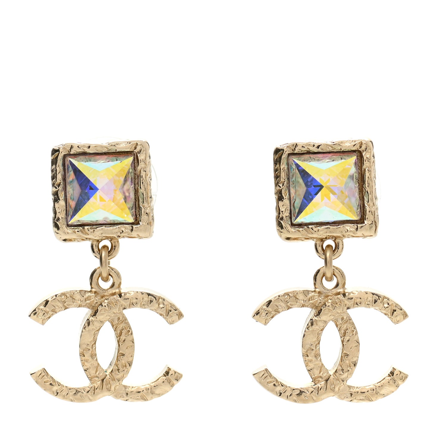Iridescent Baguette Crystal CC Drop Earrings Gold
