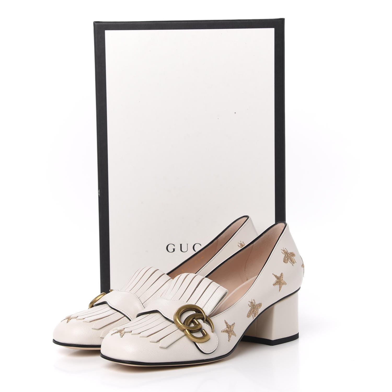 Gucci Quentin Goatskin Bee Star Embroidered GG Marmont Fringe 50mm Loafer Pumps 36.5 Mystic White 9 of 9