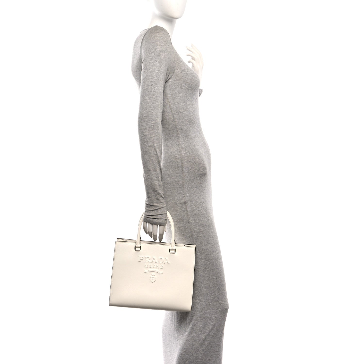 Prada Saffiano Lux Logo Embossed Medium Shoulder Tote Handbag White 2 of 12