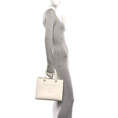 Prada Saffiano Lux Logo Embossed Medium Shoulder Tote Handbag White 2 of 12