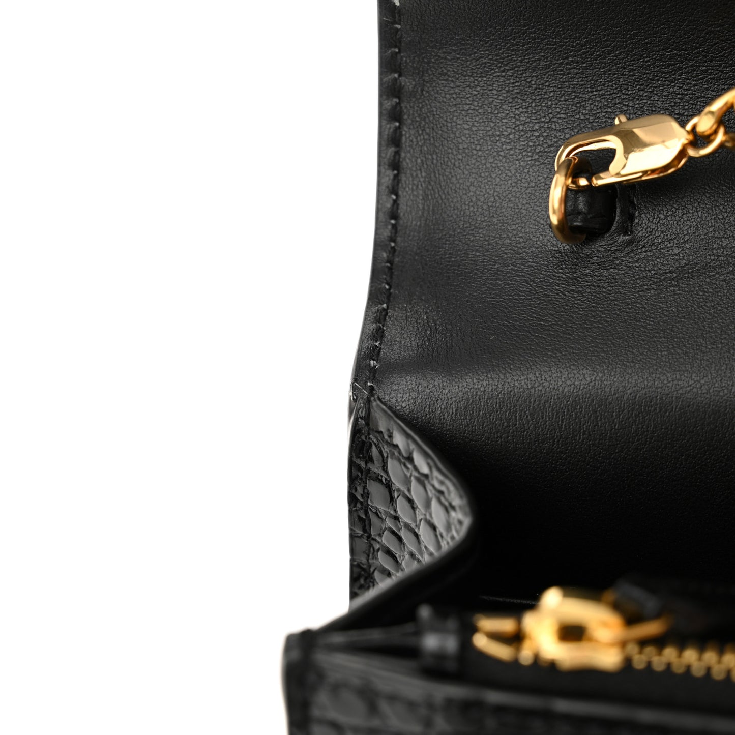 Calfskin Crocodile Embossed Monogram Sunset Top Handle Chain Wallet Black