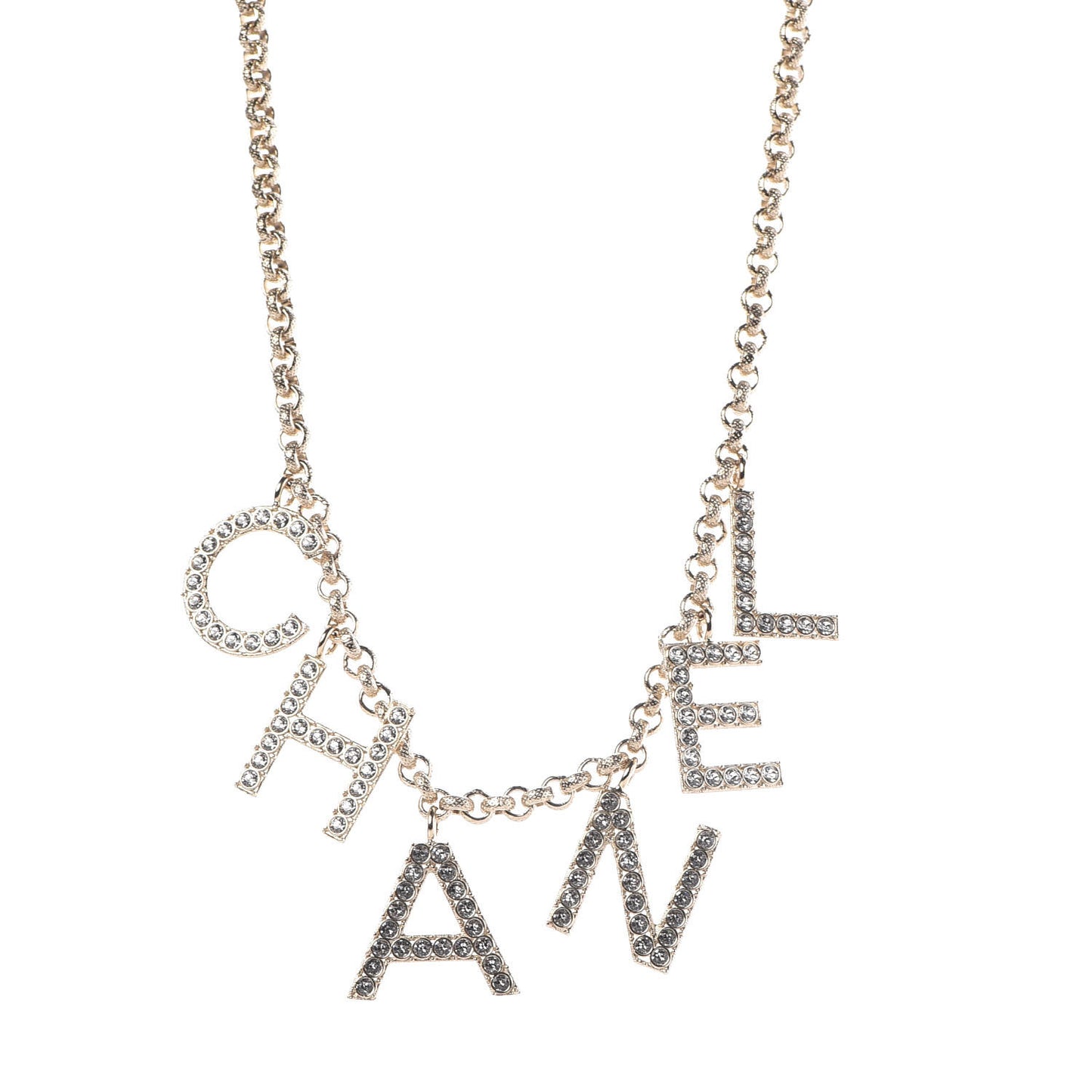 Metal Crystal Cha-Nel Logo Necklace Gold