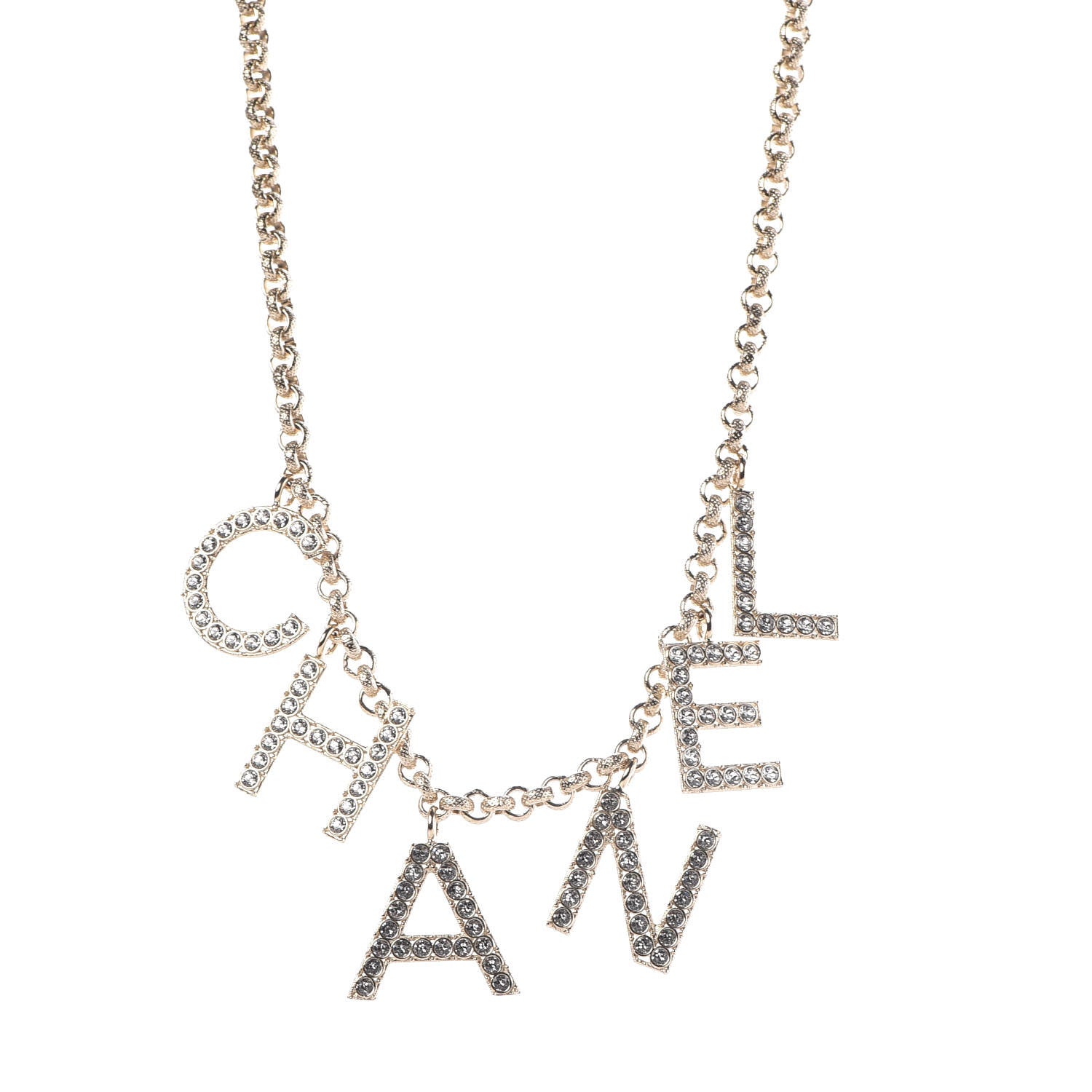 Chanel Metal Crystal Cha-Nel Logo Necklace Gold 1 of 7