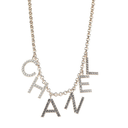 Chanel Metal Crystal Cha-Nel Logo Necklace Gold 1 of 7