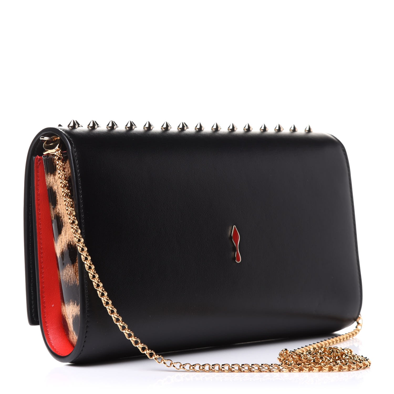 Christian Louboutin Calfskin Patent Leopard Spikes Paloma Clutch Black 3 of 10