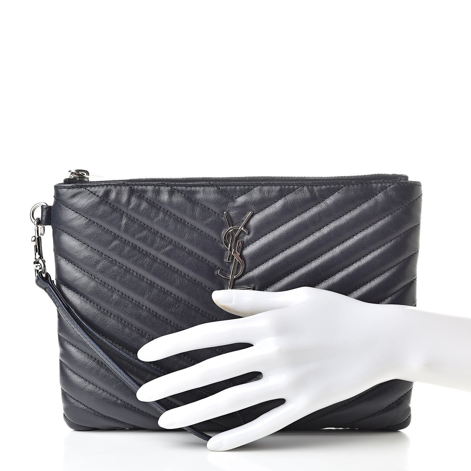 Saint Laurent Calfskin Matelasse Chevron Monogram A5 Wristlet Deep Marine 2 of 8